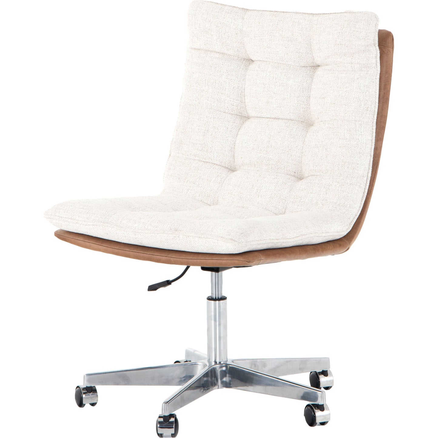 001 SI-1716439 | Additional Silo | Quinn Desk Chair by Four Hands in polished nickel, dover crescent, chaps saddle and chaps saddle. Made from aluminum, 71% viscose (rayon), 17% polyester, 12% flax, linen, top grain leather in a modern style.