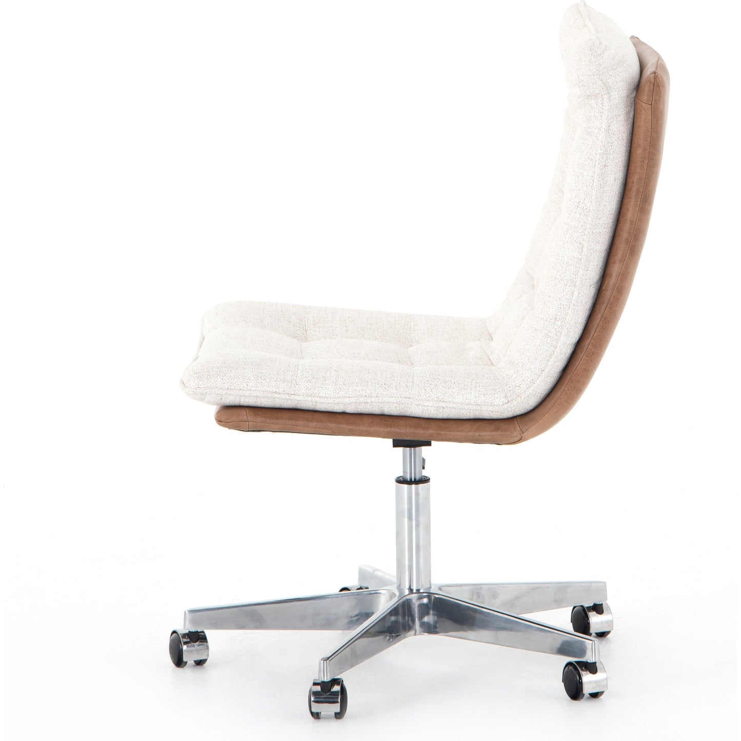 004 SI-1716439 | Additional Silo | Quinn Desk Chair by Four Hands in polished nickel, dover crescent, chaps saddle and chaps saddle. Made from aluminum, 71% viscose (rayon), 17% polyester, 12% flax, linen, top grain leather in a modern style.