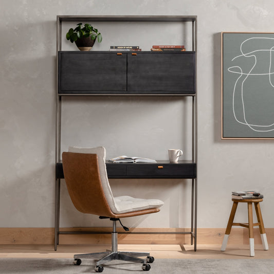 Quinn Desk Chair by Four Hands in polished nickel, dover crescent, chaps saddle and chaps saddle. Made from aluminum, 71% viscose (rayon), 17% polyester, 12% flax, linen, top grain leather in a modern style.
