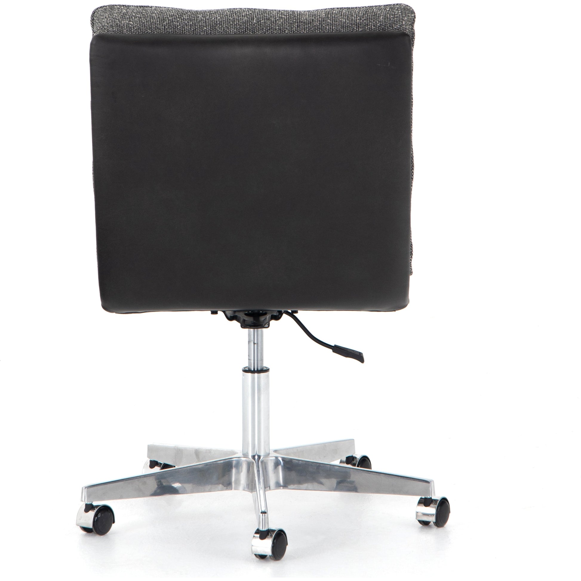 Quinn Desk Chair by Four Hands in polished nickel, dover crescent, chaps saddle and chaps saddle. Made from aluminum, 71% viscose (rayon), 17% polyester, 12% flax, linen, top grain leather in a modern style.