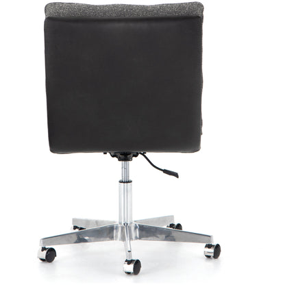 Quinn Desk Chair by Four Hands in polished nickel, dover crescent, chaps saddle and chaps saddle. Made from aluminum, 71% viscose (rayon), 17% polyester, 12% flax, linen, top grain leather in a modern style.