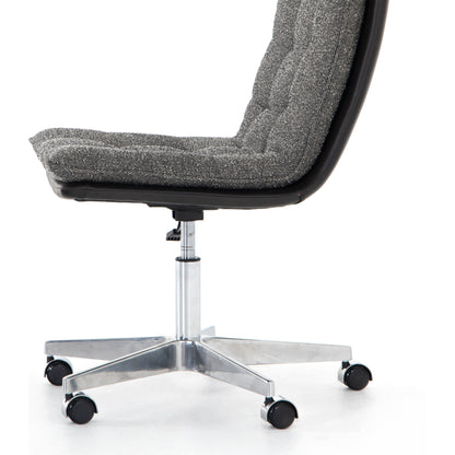 Quinn Desk Chair by Four Hands in polished nickel, dover crescent, chaps saddle and chaps saddle. Made from aluminum, 71% viscose (rayon), 17% polyester, 12% flax, linen, top grain leather in a modern style.