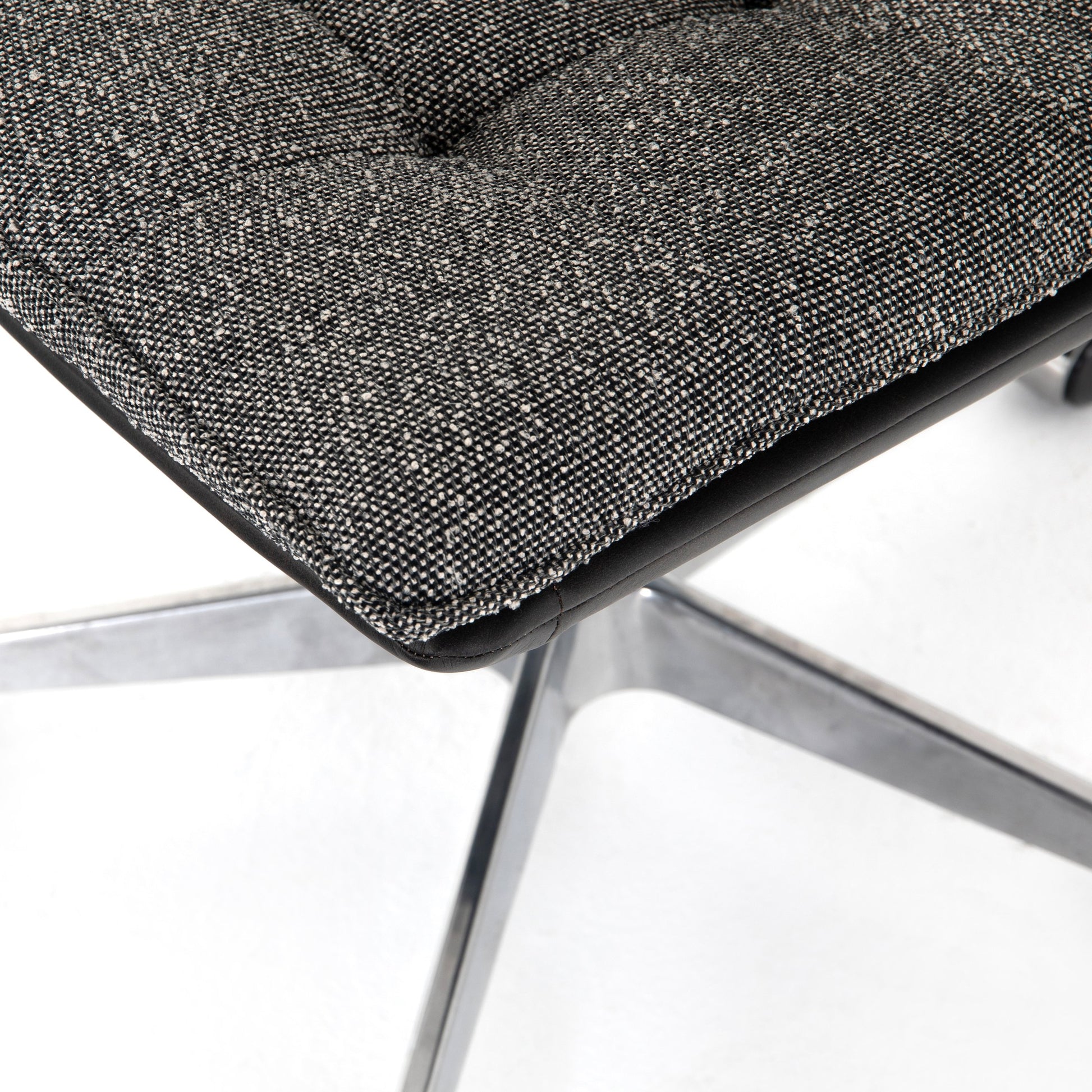 Quinn Desk Chair by Four Hands in polished nickel, dover crescent, chaps saddle and chaps saddle. Made from aluminum, 71% viscose (rayon), 17% polyester, 12% flax, linen, top grain leather in a modern style.