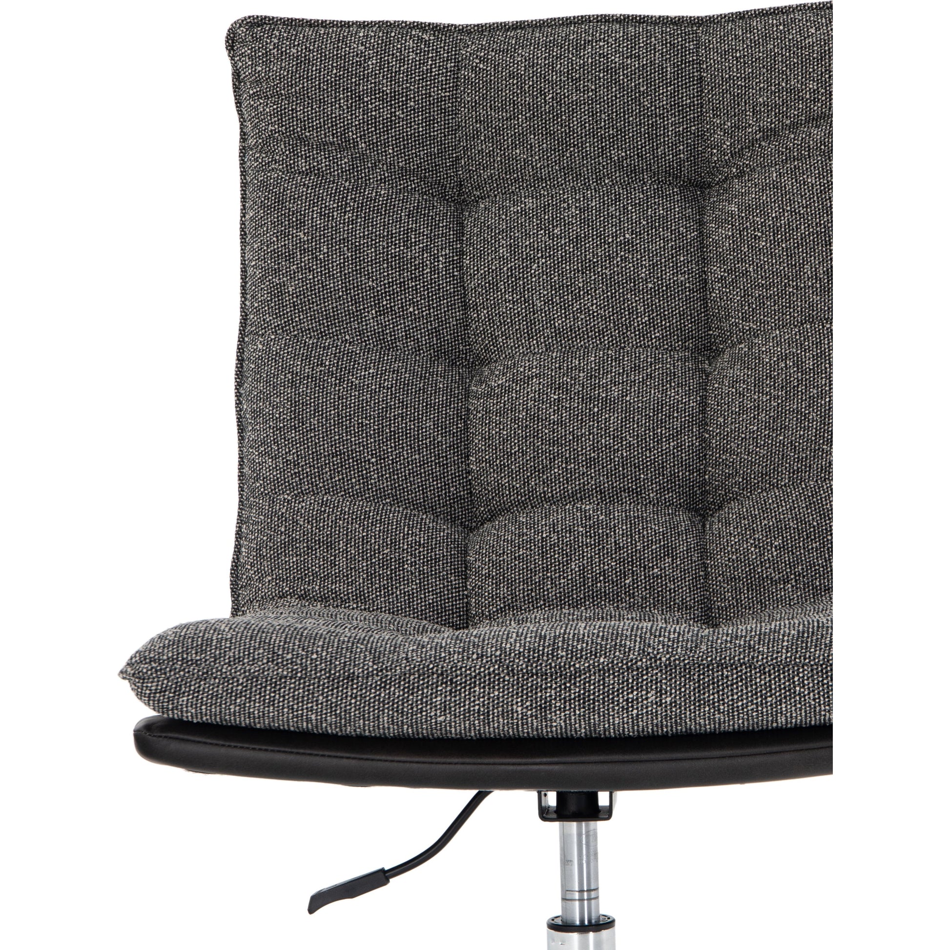 Quinn Desk Chair by Four Hands in polished nickel, dover crescent, chaps saddle and chaps saddle. Made from aluminum, 71% viscose (rayon), 17% polyester, 12% flax, linen, top grain leather in a modern style.