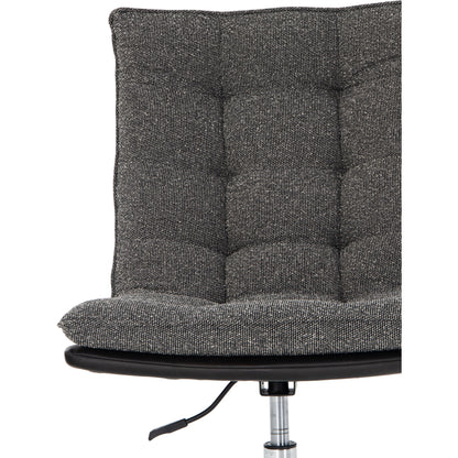 Quinn Desk Chair by Four Hands in polished nickel, dover crescent, chaps saddle and chaps saddle. Made from aluminum, 71% viscose (rayon), 17% polyester, 12% flax, linen, top grain leather in a modern style.