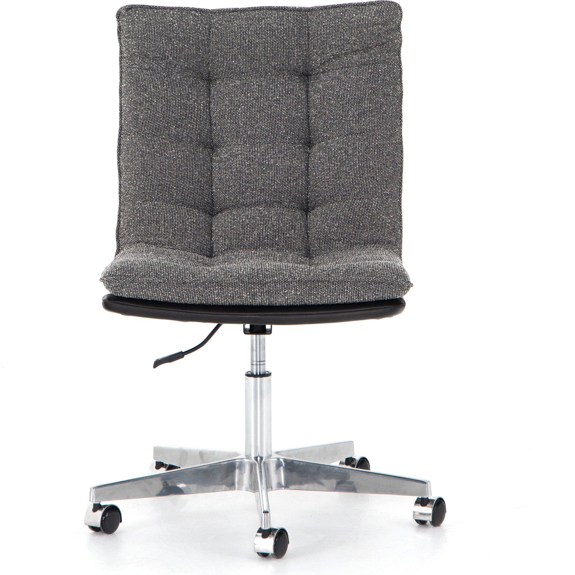 Quinn Desk Chair by Four Hands in polished nickel, dover crescent, chaps saddle and chaps saddle. Made from aluminum, 71% viscose (rayon), 17% polyester, 12% flax, linen, top grain leather in a modern style.