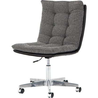 Quinn Desk Chair by Four Hands in polished nickel, dover crescent, chaps saddle and chaps saddle. Made from aluminum, 71% viscose (rayon), 17% polyester, 12% flax, linen, top grain leather in a modern style.