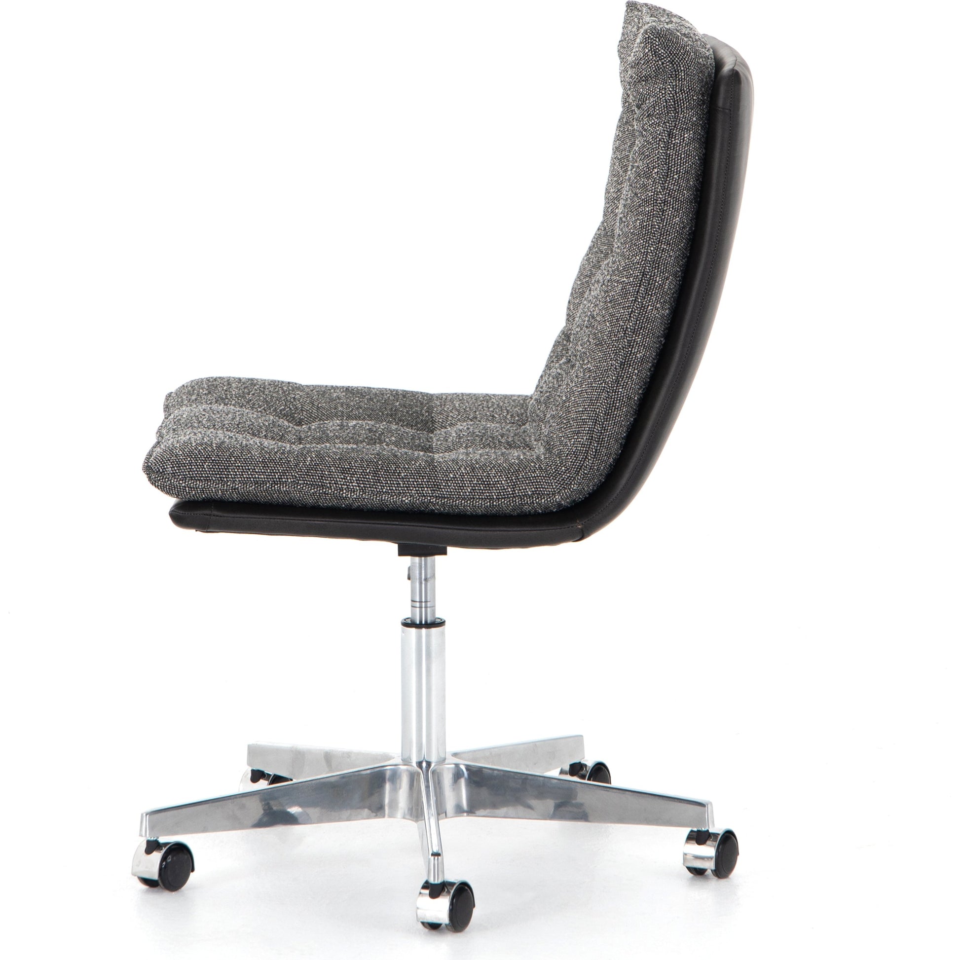 Quinn Desk Chair by Four Hands in polished nickel, dover crescent, chaps saddle and chaps saddle. Made from aluminum, 71% viscose (rayon), 17% polyester, 12% flax, linen, top grain leather in a modern style.