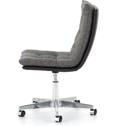Quinn Desk Chair by Four Hands in polished nickel, dover crescent, chaps saddle and chaps saddle. Made from aluminum, 71% viscose (rayon), 17% polyester, 12% flax, linen, top grain leather in a modern style.