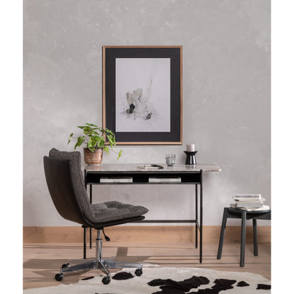 Quinn Desk Chair by Four Hands in polished nickel, dover crescent, chaps saddle and chaps saddle. Made from aluminum, 71% viscose (rayon), 17% polyester, 12% flax, linen, top grain leather in a modern style.