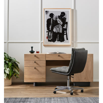 Quinn Desk Chair by Four Hands in polished nickel, dover crescent, chaps saddle and chaps saddle. Made from aluminum, 71% viscose (rayon), 17% polyester, 12% flax, linen, top grain leather in a modern style.