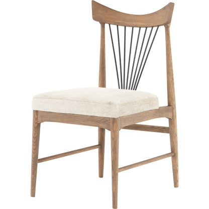 Solene Dining Chair by Four Hands in light honey nettlewood, darren ecru. Made from 70% viscose (rayon), 30% polyester, solid nettlewood, iron in a eclectic & global style.