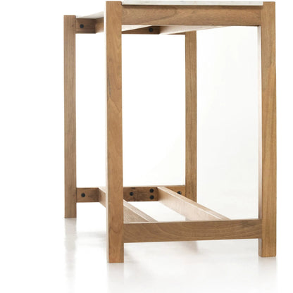 Scout Bar Table by Four Hands in polished white marble, auburn mango. Made from solid marble, solid mango in a transitional style.