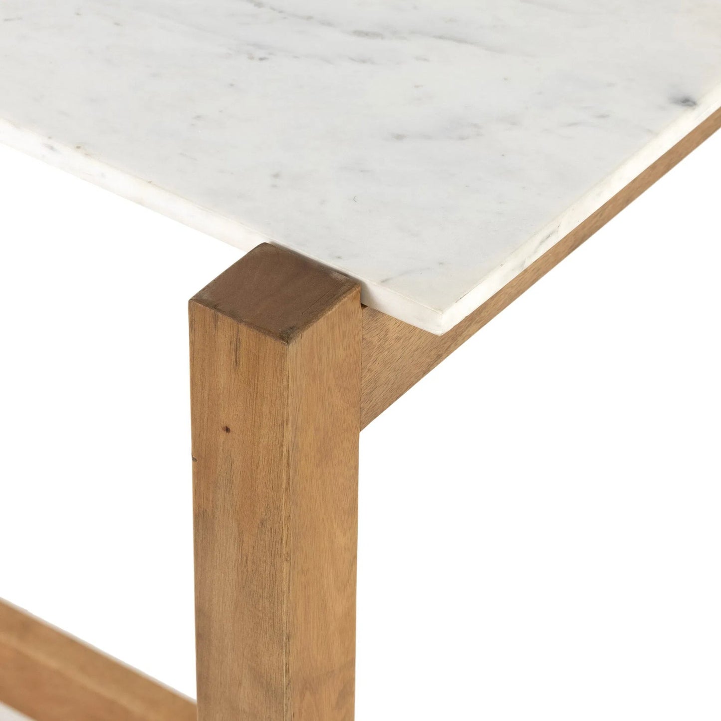 004 SI-2513361 | Closeup | Scout Bar Table by Four Hands in polished white marble, auburn mango. Made from solid marble, solid mango in a transitional style.