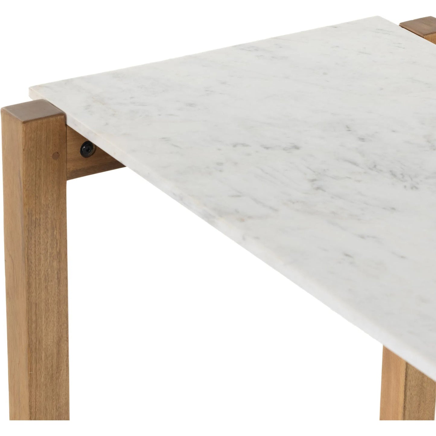 005 SI-2513361 | Closeup | Scout Bar Table by Four Hands in polished white marble, auburn mango. Made from solid marble, solid mango in a transitional style.