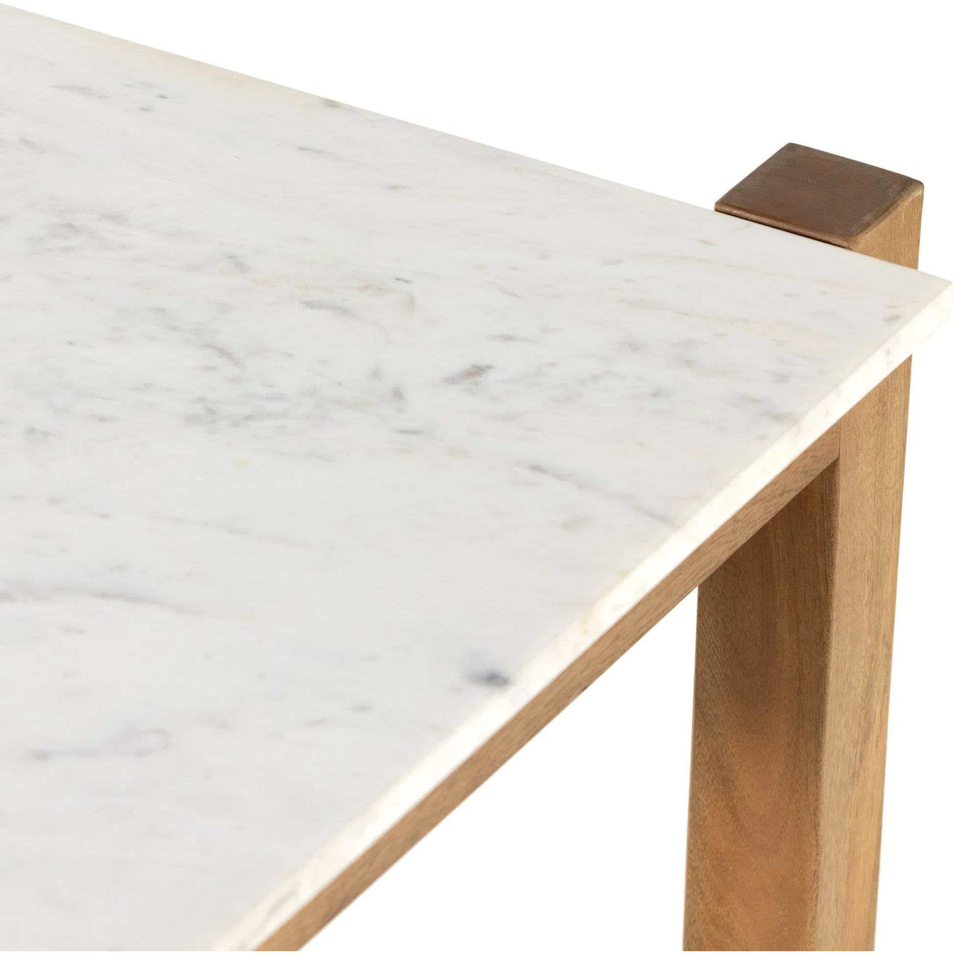Scout Bar Table by Four Hands in polished white marble, auburn mango. Made from solid marble, solid mango in a transitional style.