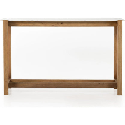 Scout Bar Table by Four Hands in polished white marble, auburn mango. Made from solid marble, solid mango in a transitional style.