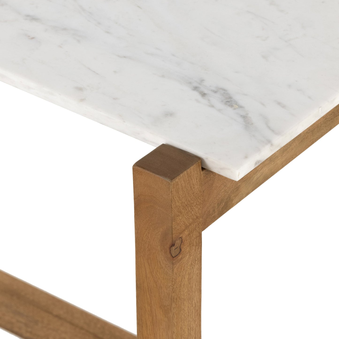 013 SI-2462048 | Closeup | Scout Counter Table by Four Hands in polished white marble, auburn mango. Made from solid marble, solid mango in a transitional style.