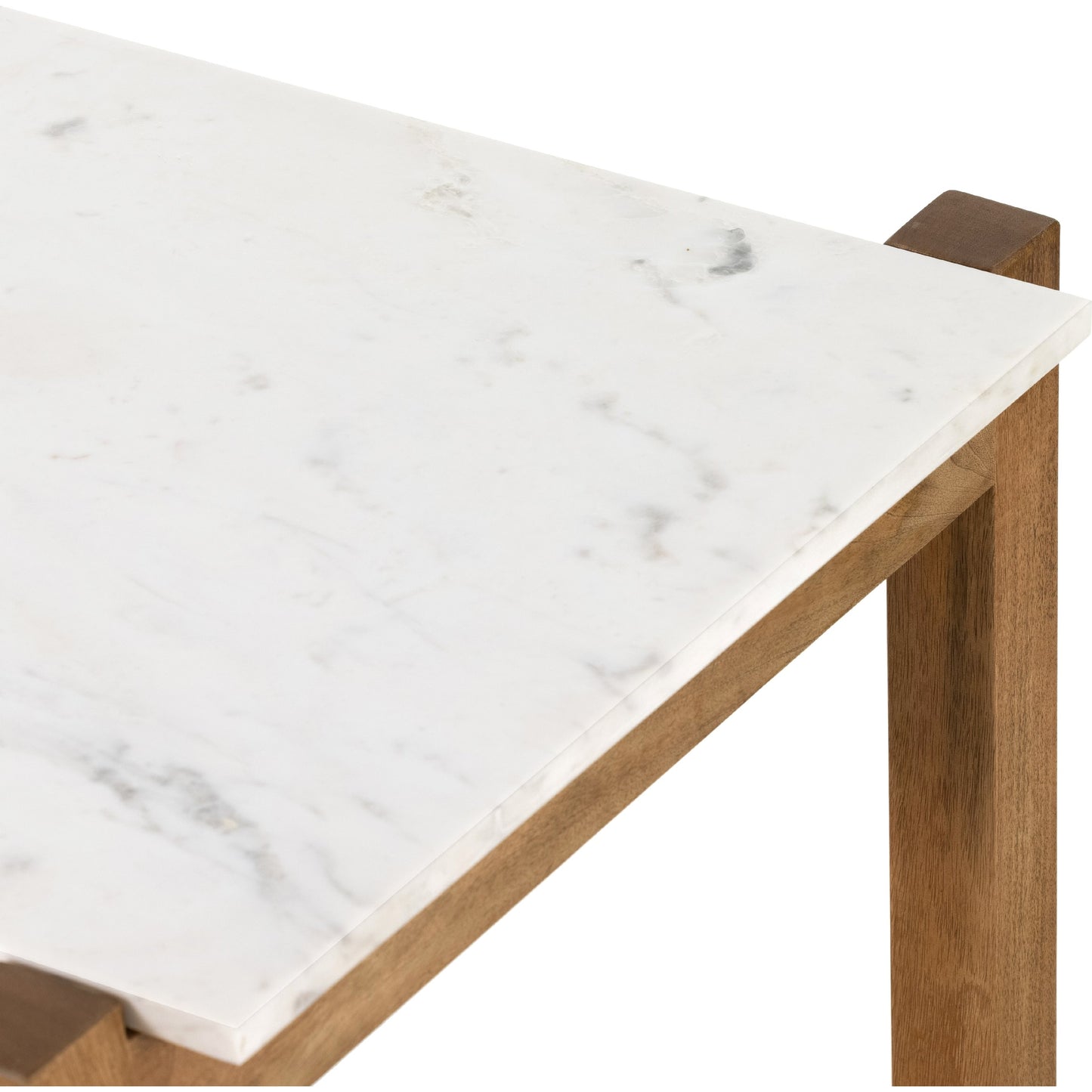 017 SI-2462048 | Closeup | Scout Counter Table by Four Hands in polished white marble, auburn mango. Made from solid marble, solid mango in a transitional style.