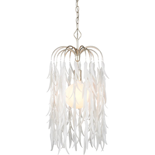 Glen Arbor Pendant by Currey and Company in white, contemporary silver leaf. Made from glass, wrought iron in a modern style.