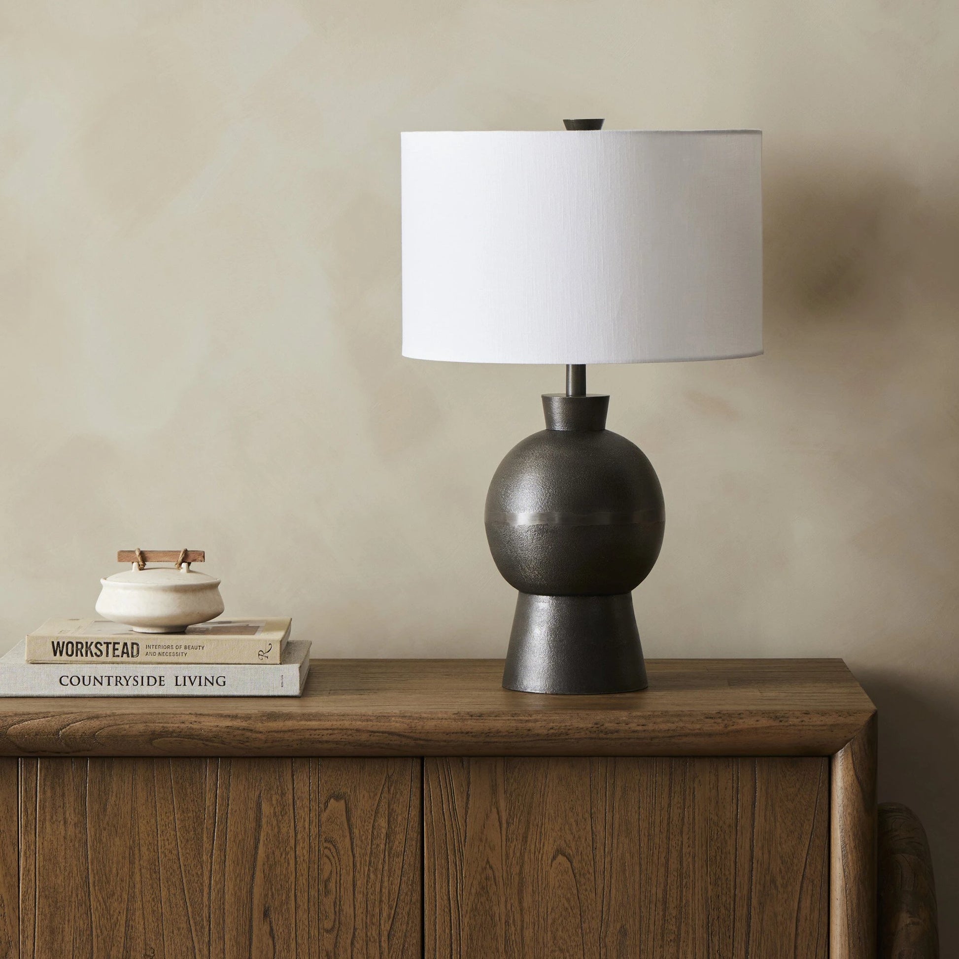 Kelita Table Lamp by Four Hands in textured black. Made from aluminum, 60% polyester, 40% viscose (rayon), thermoplastic in a transitional style.
