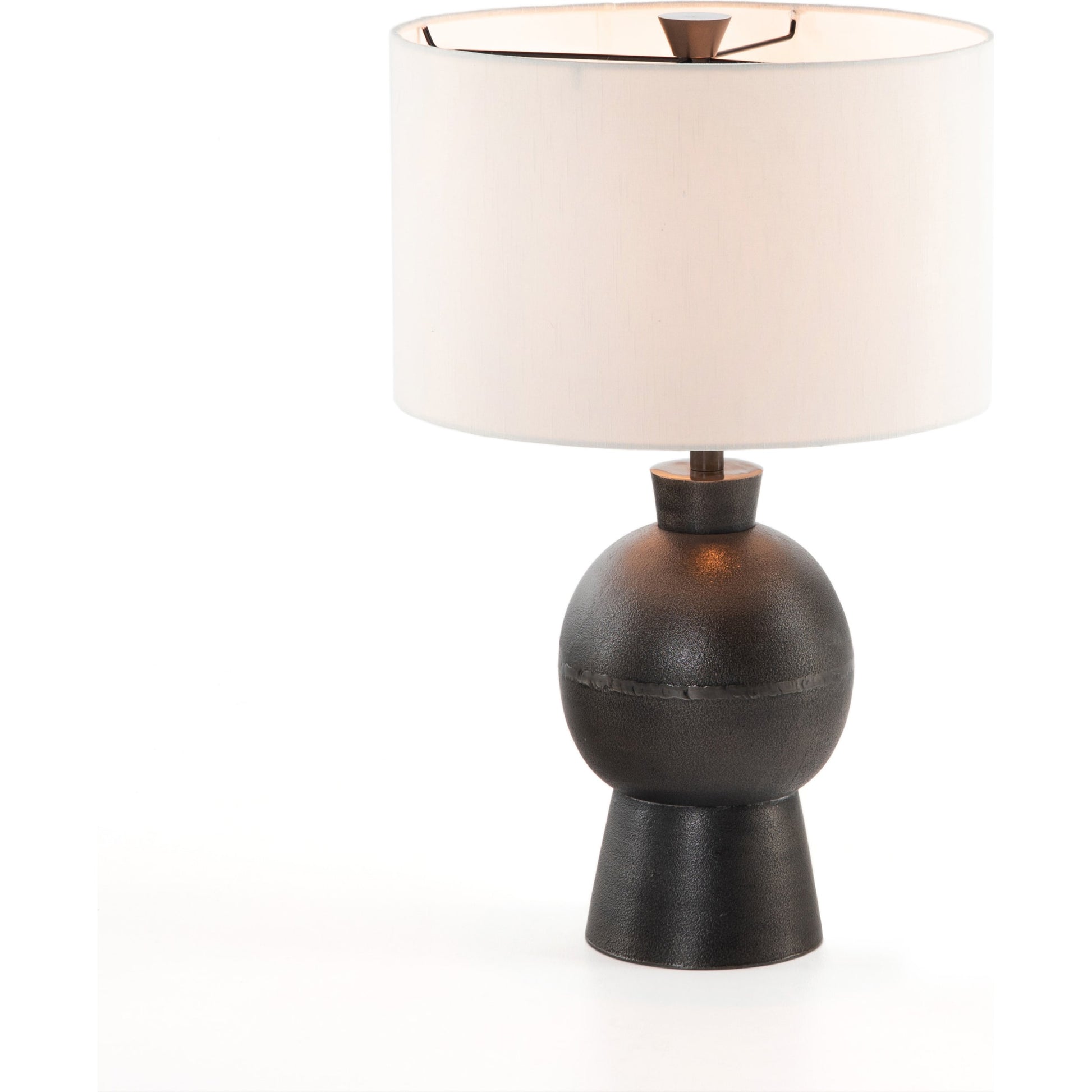 Kelita Table Lamp by Four Hands in textured black. Made from aluminum, 60% polyester, 40% viscose (rayon), thermoplastic in a transitional style.