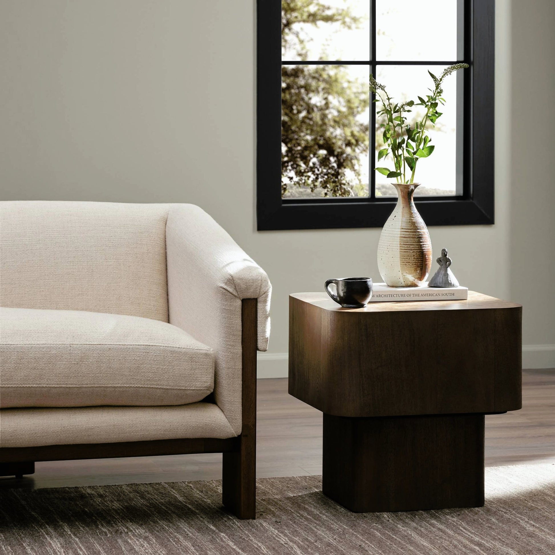 Blanco End Table by Four Hands in bleached burl. Made from ash burl veneer, thick mahogany veneer in a modern style.