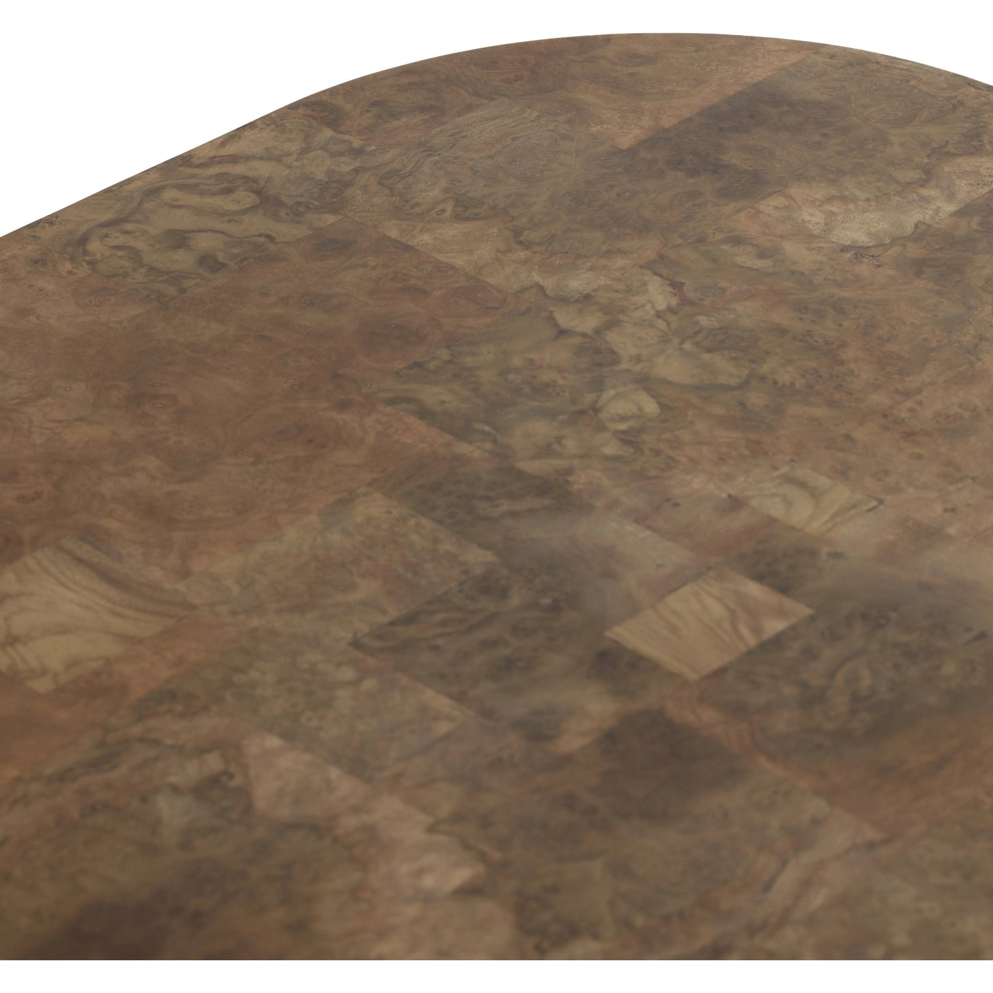 023 SI-1977097 | Closeup | Blanco Coffee Table by Four Hands in warm umber burl. Made from walnut burl veneer, thick mahogany veneer, pine plywood in a modern style.