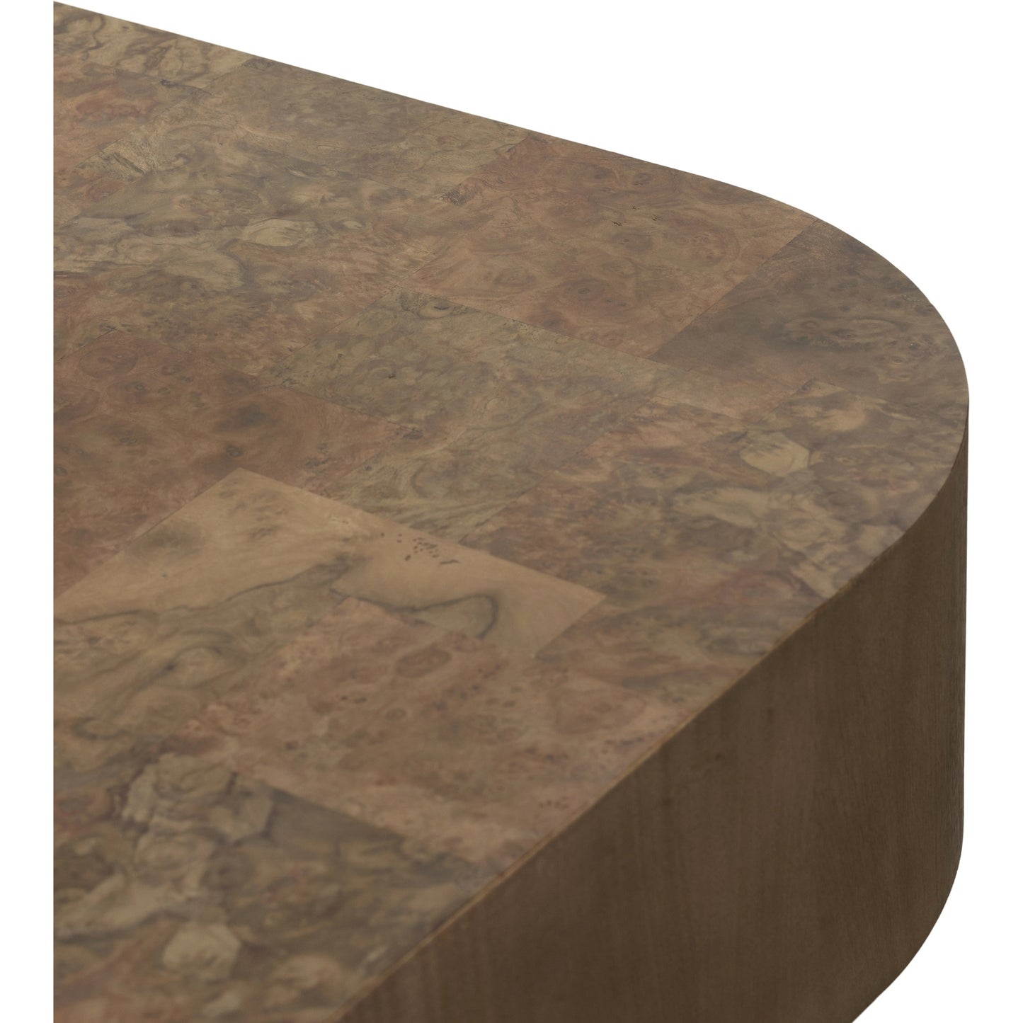 024 SI-1977097 | Closeup | Blanco Coffee Table by Four Hands in warm umber burl. Made from walnut burl veneer, thick mahogany veneer, pine plywood in a modern style.