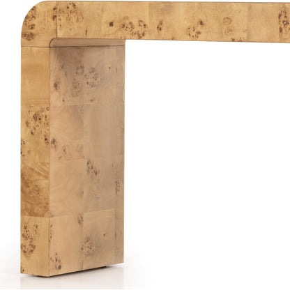 Jenson Console Table by Four Hands in natural poplar burl veneer and natural poplar burl. Made from poplar burl veneer in a coastal style.
