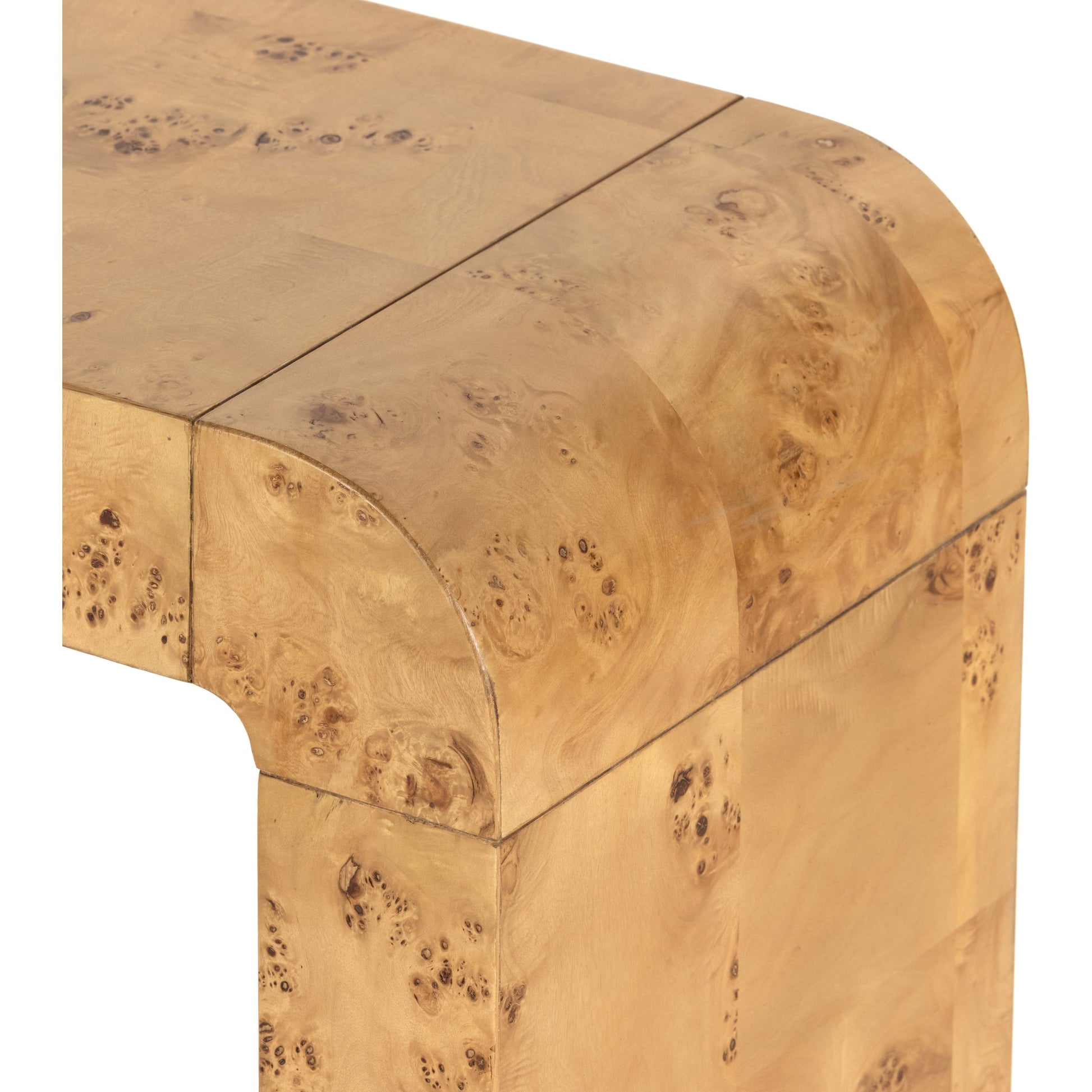 Jenson Console Table by Four Hands in natural poplar burl veneer and natural poplar burl. Made from poplar burl veneer in a coastal style.