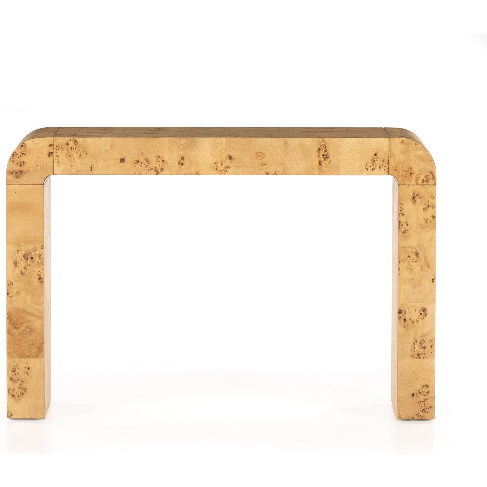 Jenson Console Table by Four Hands in natural poplar burl veneer and natural poplar burl. Made from poplar burl veneer in a coastal style.