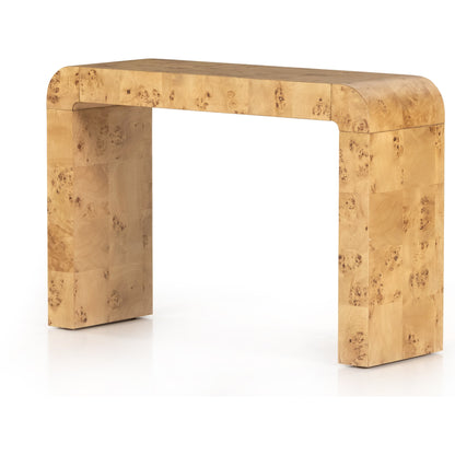 Jenson Console Table by Four Hands in natural poplar burl veneer and natural poplar burl. Made from poplar burl veneer in a coastal style.