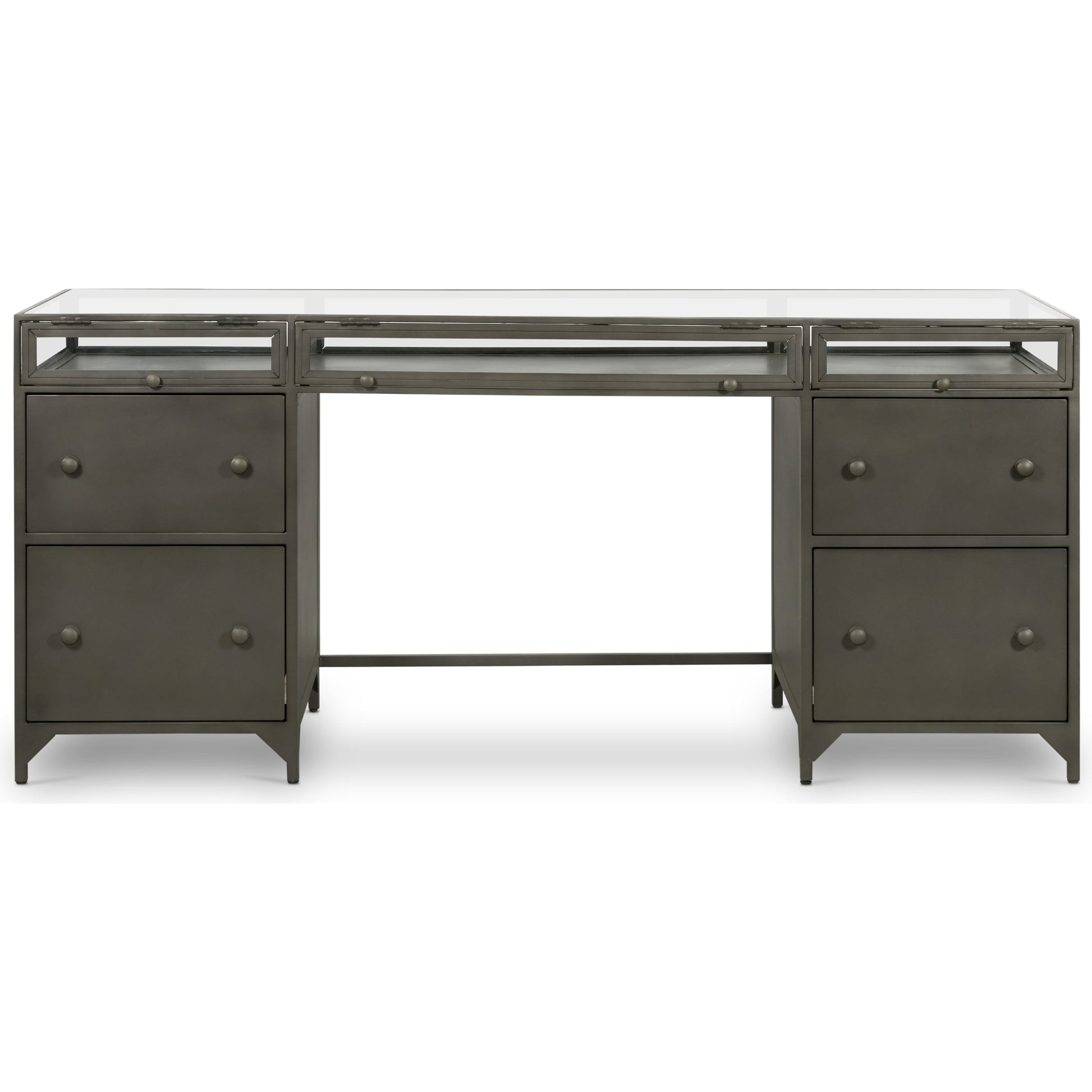 Shadow Box Executive Desk by Four Hands in black. Made from iron in a modern style.