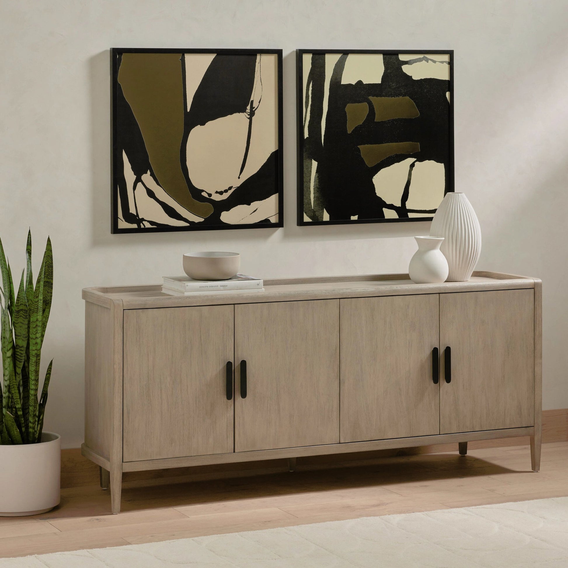 Arlo Sideboard by Four Hands in ash grey, black arlo and ash grey. Made from solid mahogany in a modern style.