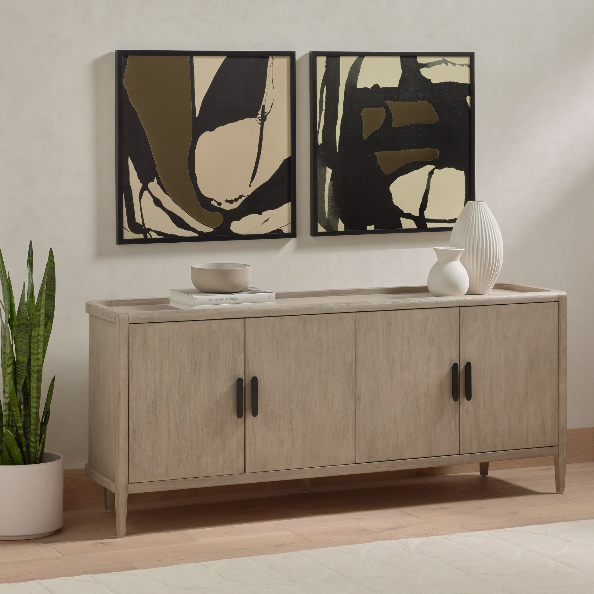 Arlo Sideboard by Four Hands in ash grey, black arlo and ash grey. Made from solid mahogany in a modern style.