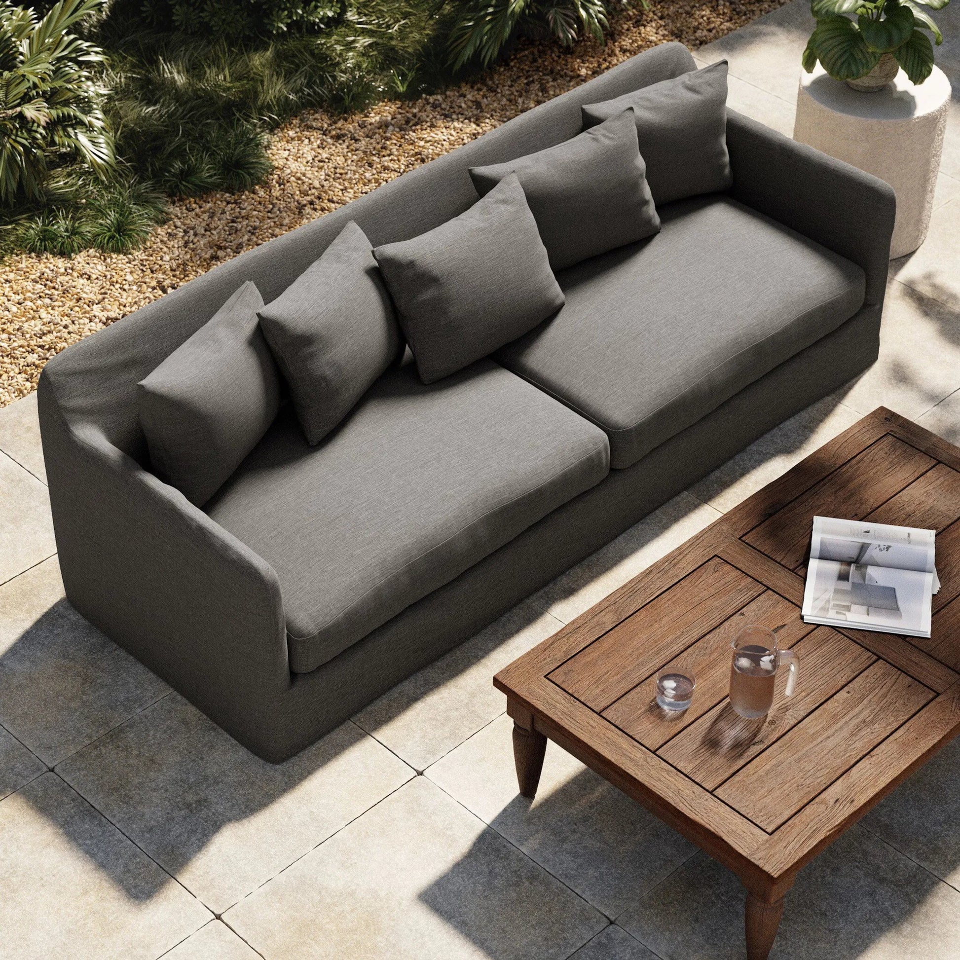 Dade Outdoor Sofa by Four Hands. Made from 100% olefin, aluminum, 91% polyurethane foam pad, 9% polyester fiber batting in a modern style.