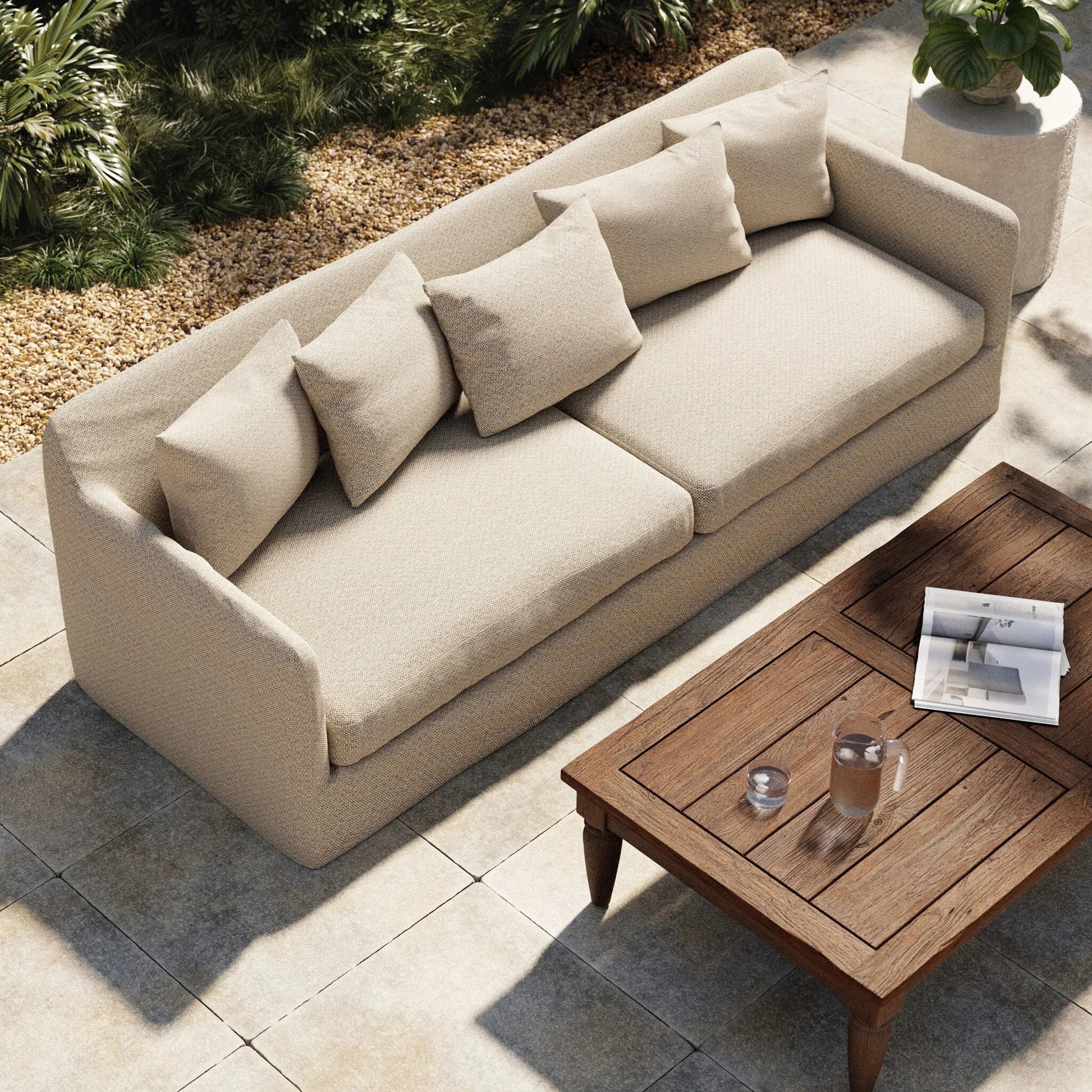 Dade Outdoor Sofa by Four Hands. Made from 100% olefin, aluminum, 91% polyurethane foam pad, 9% polyester fiber batting in a modern style.