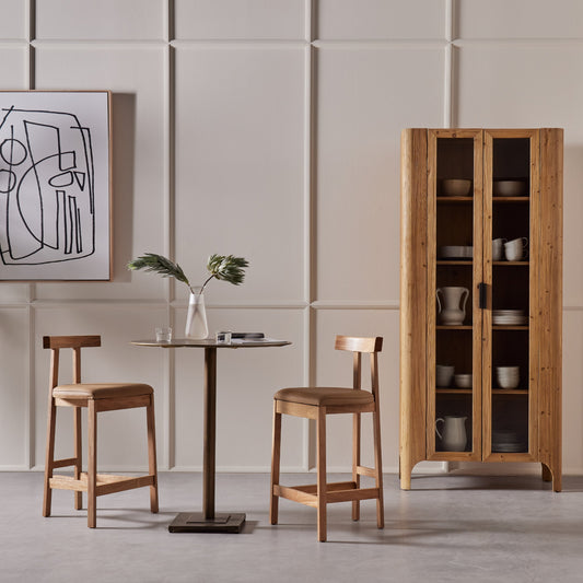 Tex Bar & Counter Stool by Four Hands in natural leather and natural rosa morada. Made from top grain leather, solid rosa morada, 100% polyurethane foam in a rustic style.