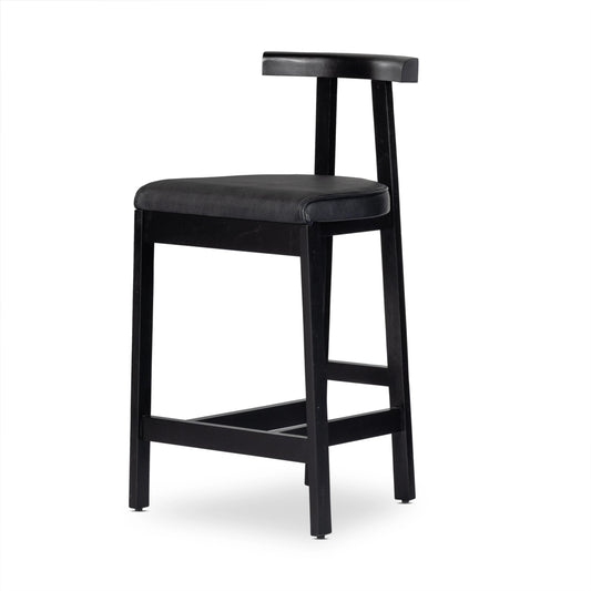 Tex Counter Stool by Four Hands in black leather. Made from top grain leather, solid rosa morada, 100% polyurethane foam in a modern style.