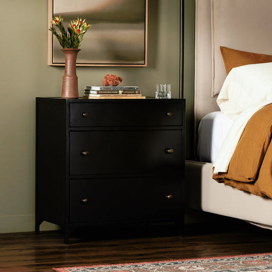 Belmont Large Storage Nightstand by Four Hands in black, weathered bronze and black. Made from iron in a modern style.