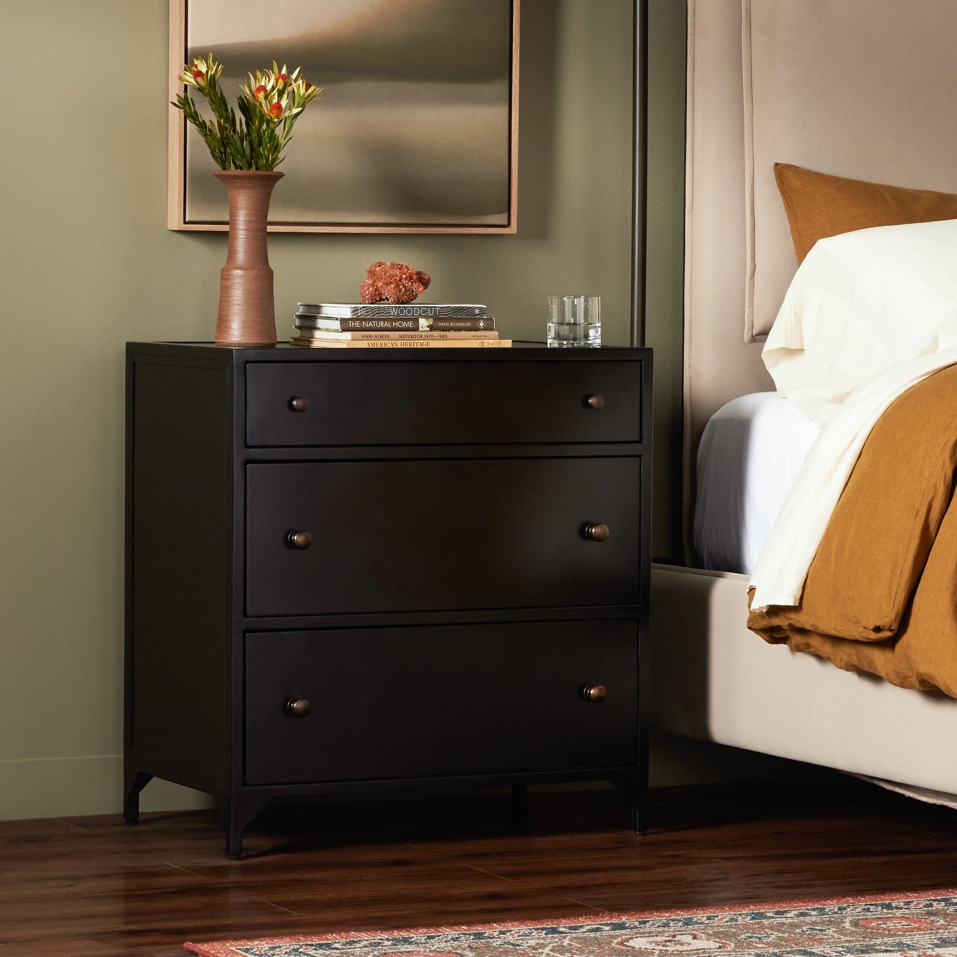 Belmont Storage Nightstand by Four Hands in black. Made from iron in a modern style.