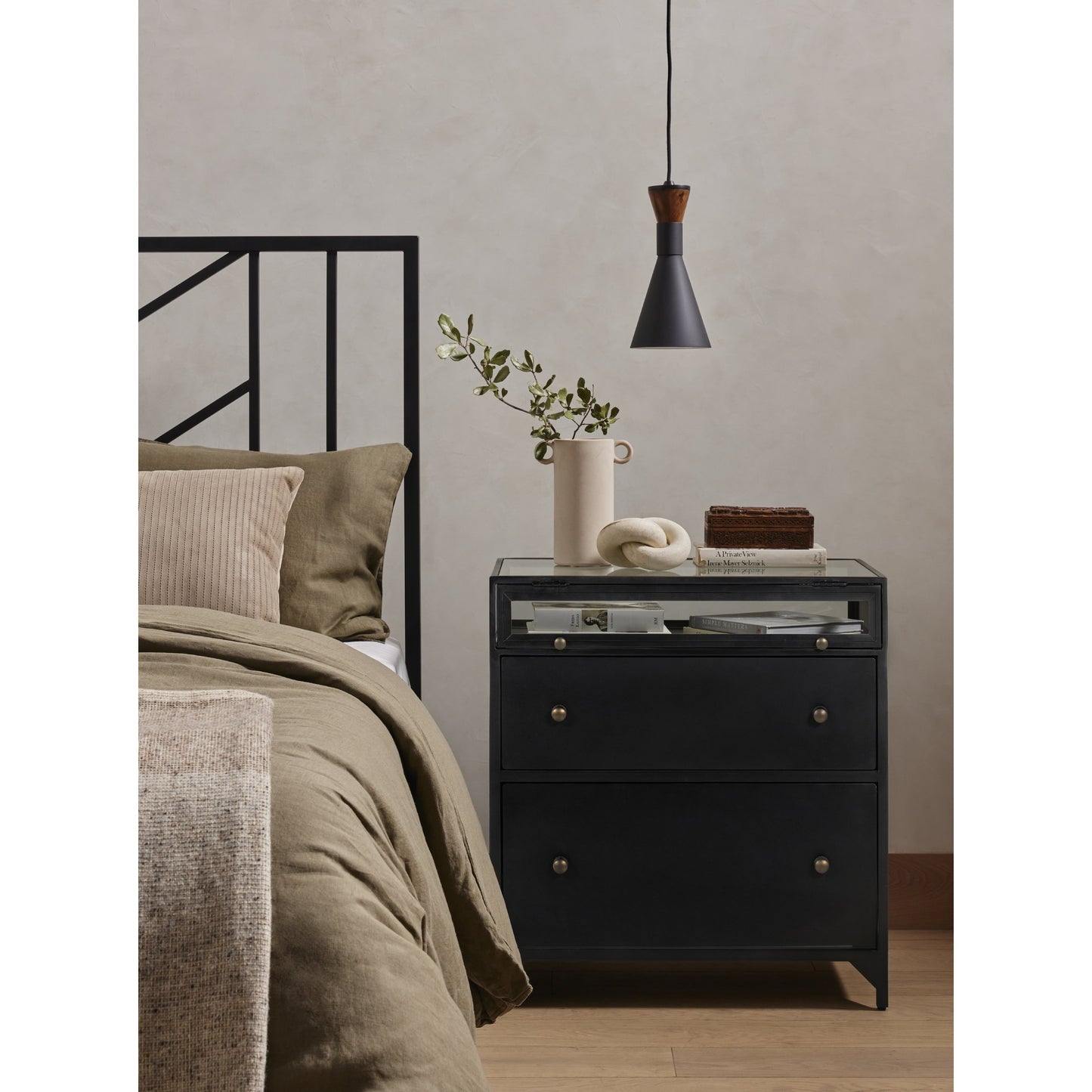 013 SI-1716666 | Lifestyle | Shadow Box Nightstand by Four Hands in black. Made from iron in a modern style.