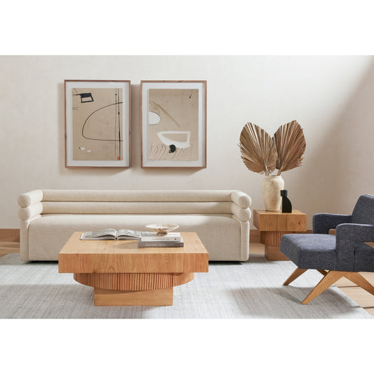 Evie Sofa by Four Hands in hampton cream. Made from 97% polyester, 2% viscose (rayon), 1% flax, linen, poplar plywood, 100% polyester in a modern style.