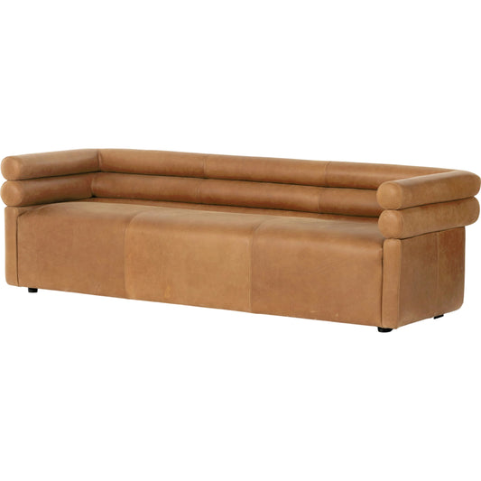 Evie Sofa by Four Hands in palermo cognac. Made from top grain leather, poplar plywood, 100% polyester in a modern style.