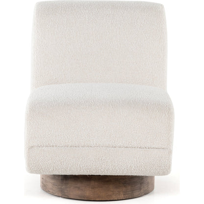 Bronwyn Swivel Chair by Four Hands in knoll natural, distressed natural. Made from 95% polyester, 5% acrylic, solid parawood, 100% polyester in a eclectic & global style.