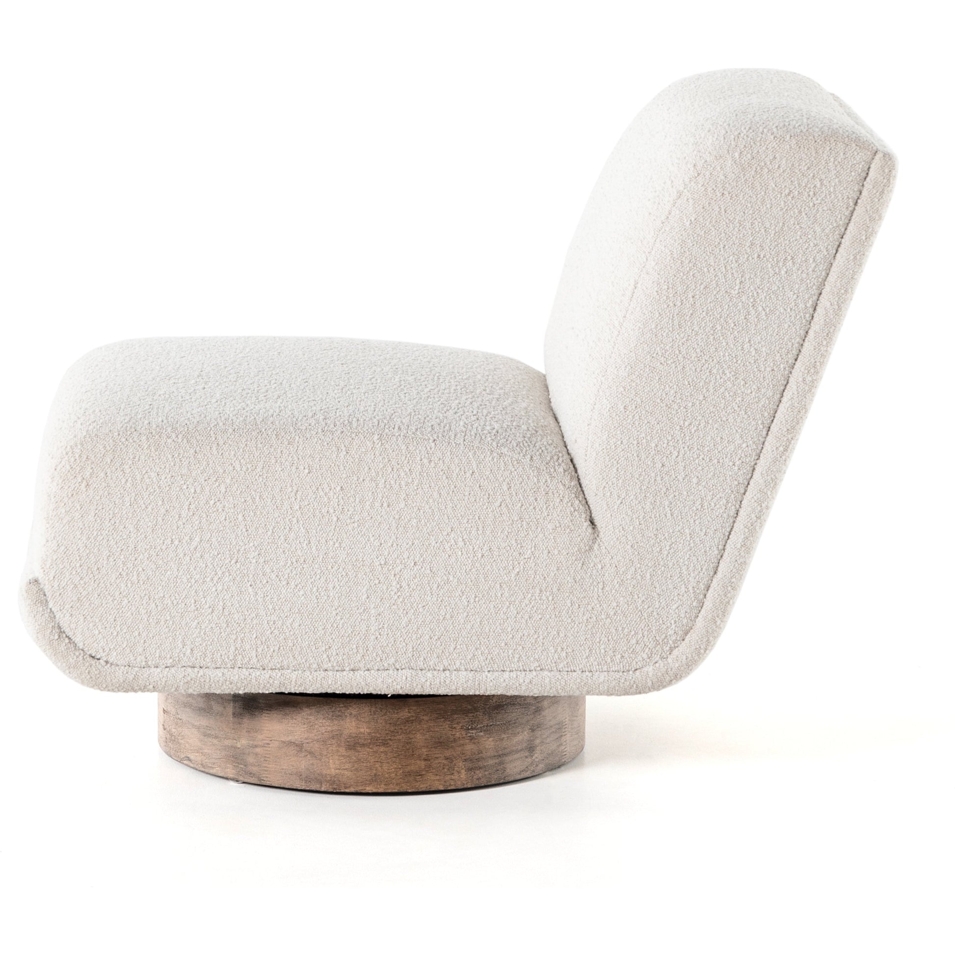 Bronwyn Swivel Chair by Four Hands in knoll natural, distressed natural. Made from 95% polyester, 5% acrylic, solid parawood, 100% polyester in a eclectic & global style.