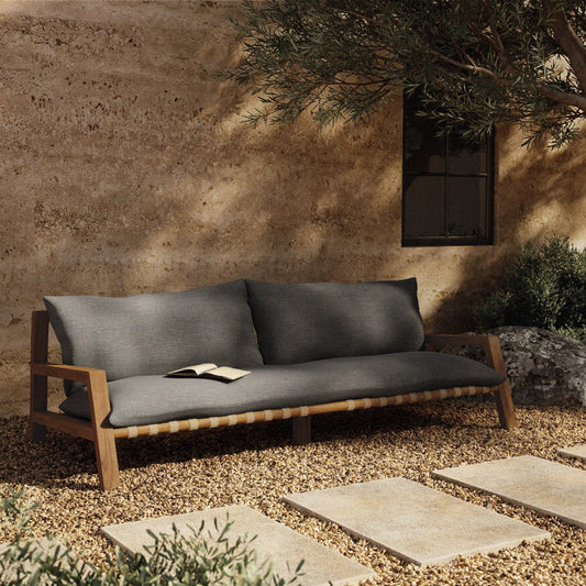 Soren Outdoor Sofa by Four Hands. Made from 100% olefin, solid fsc®-certified teak, 100% polypropylene in a modern style.