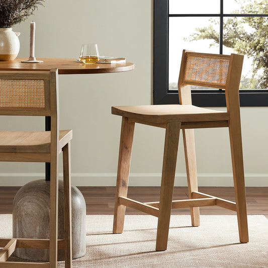 Clarita Counter Stool by Four Hands in natural cane, white wash mango and white wash mango. Made from solid mango, cane in a transitional style.
