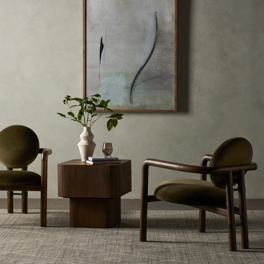 Bria Chair by Four Hands in surrey olive. Made from 76.8% cotton, 23.2% polyester, solid parawood, iron in a modern style.